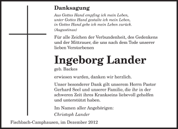 Traueranzeige von Ingeborg Lander von saarbruecker_zeitung