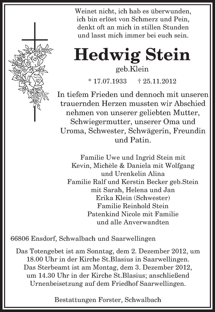  Traueranzeige für Hedwig Stein vom 01.12.2012 aus saarbruecker_zeitung