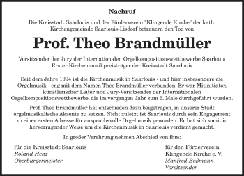 Traueranzeige von Theo Brandmüller von saarbruecker_zeitung