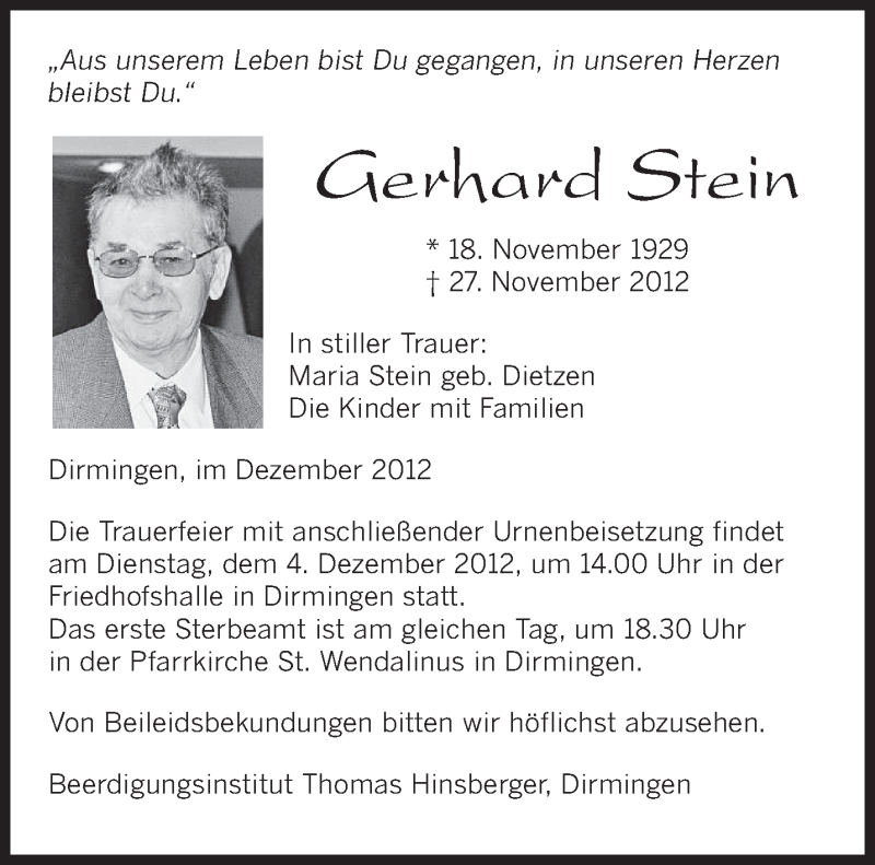  Traueranzeige für Gerhard Stein vom 01.12.2012 aus saarbruecker_zeitung