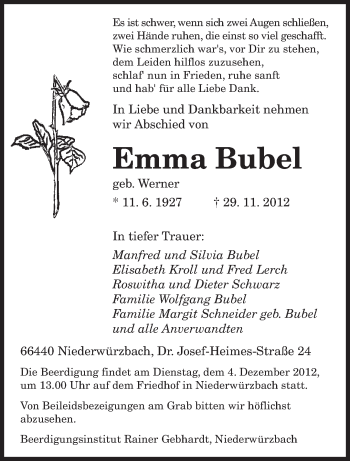 Traueranzeige von Emma Bubel von saarbruecker_zeitung