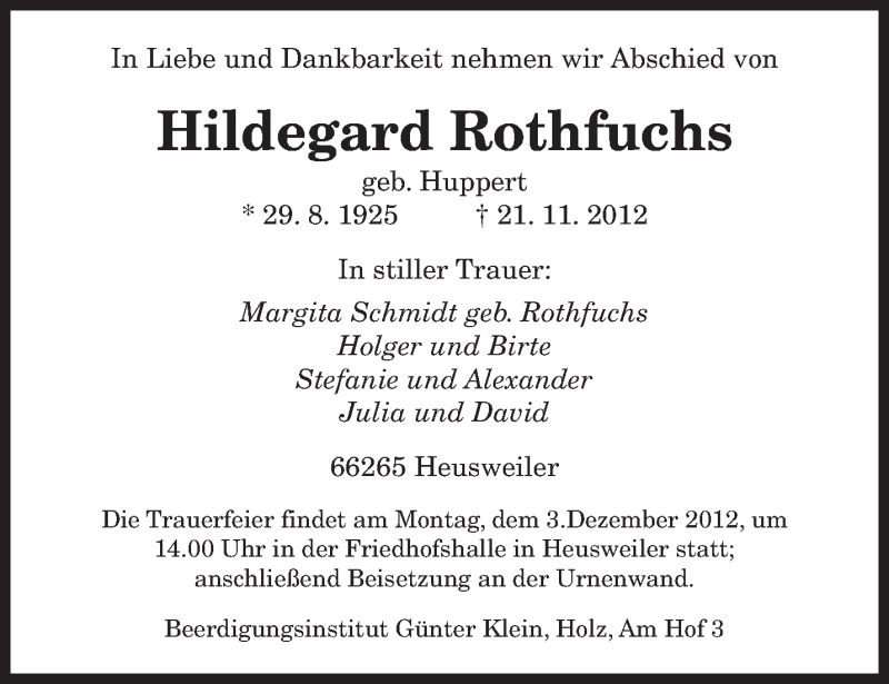  Traueranzeige für Hildegard Rothfuchs vom 01.12.2012 aus saarbruecker_zeitung