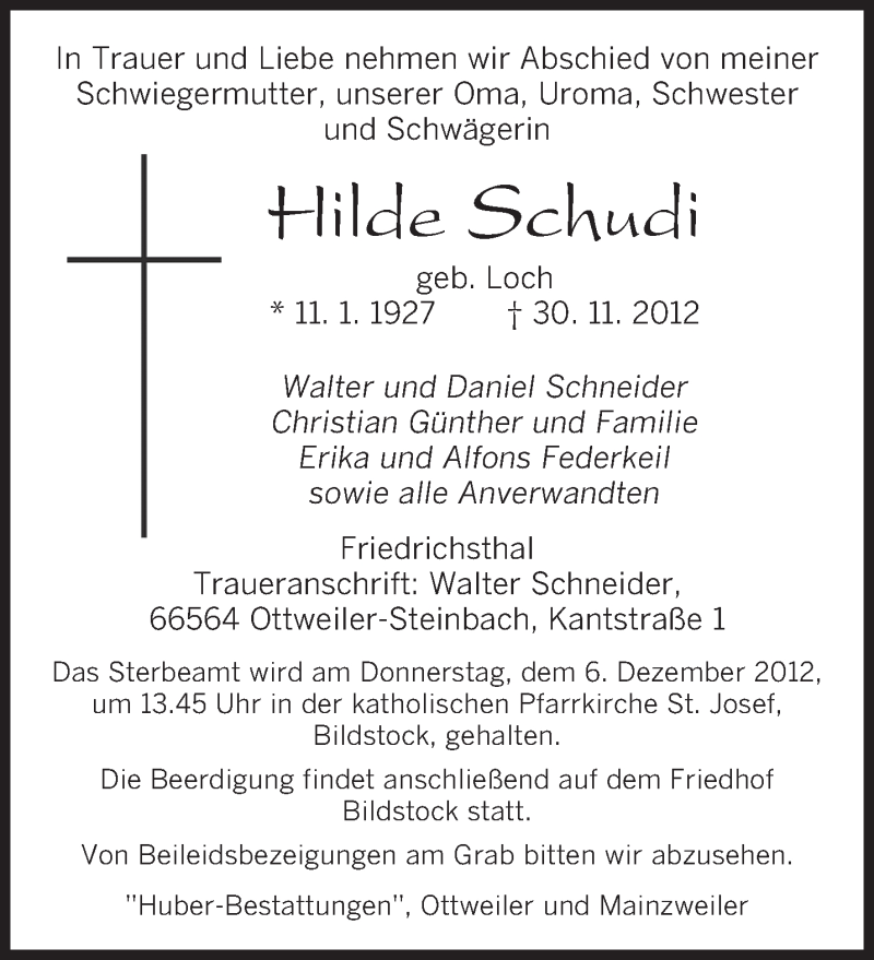  Traueranzeige für Hilde Schudi vom 04.12.2012 aus saarbruecker_zeitung