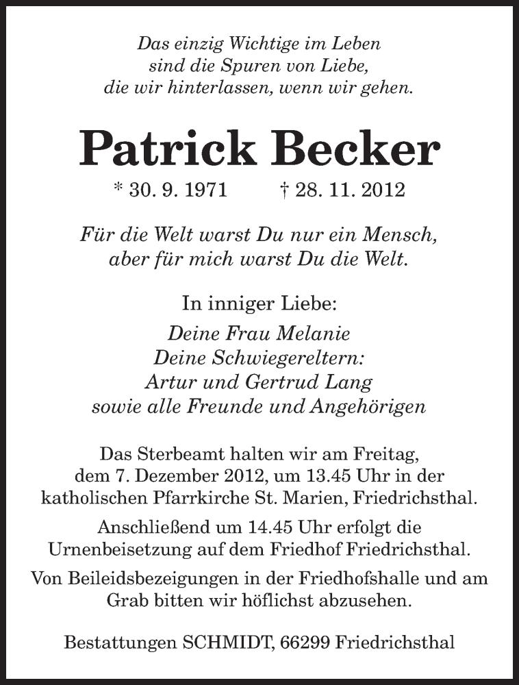  Traueranzeige für Patrick  Becker vom 05.12.2012 aus saarbruecker_zeitung