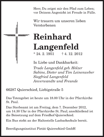 Traueranzeige von Reinhard Langenfeld von saarbruecker_zeitung