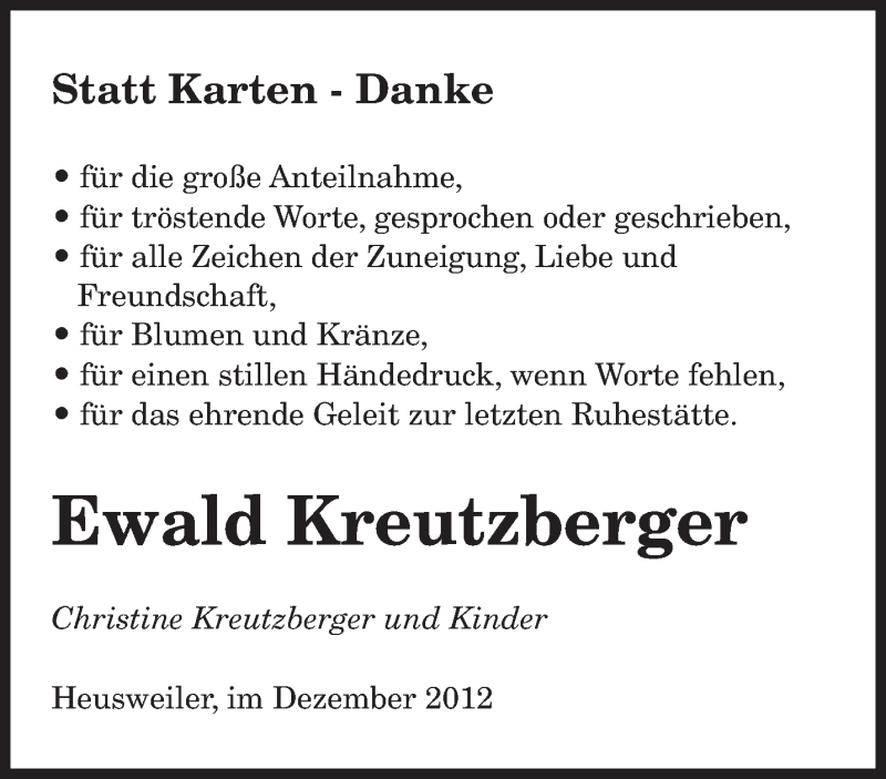  Traueranzeige für Ewald Kreutzberger vom 08.12.2012 aus saarbruecker_zeitung