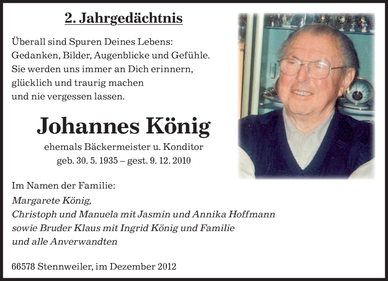  Traueranzeige für Johannes König vom 08.12.2012 aus saarbruecker_zeitung