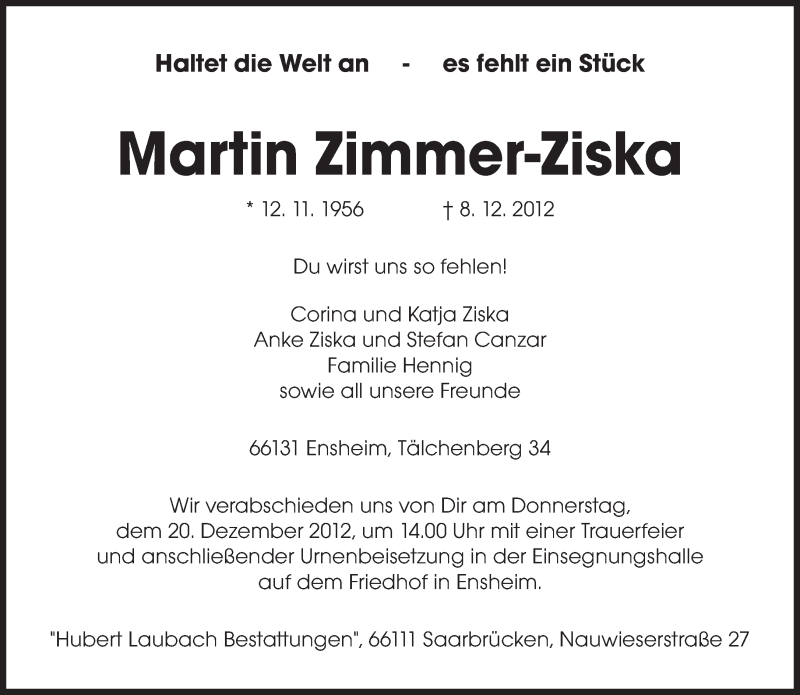  Traueranzeige für Martin Zimmer-Ziska vom 15.12.2012 aus saarbruecker_zeitung