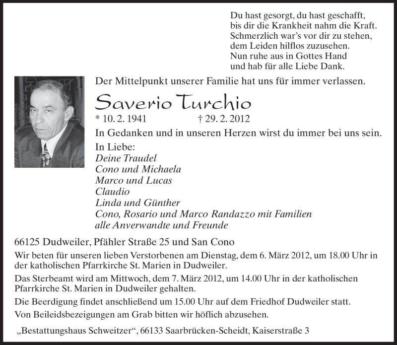  Traueranzeige für Saverio Turchio vom 03.03.2012 aus SAARBRÜCKER ZEITUNG