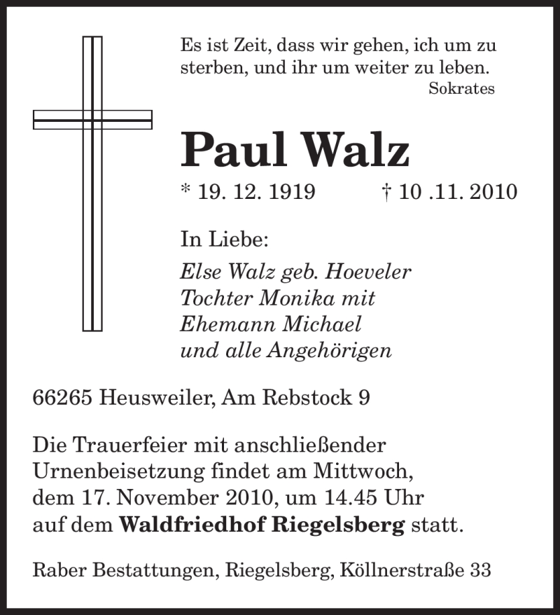  Traueranzeige für Paul Walz vom 13.11.2010 aus SAARBRÜCKER ZEITUNG