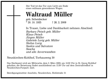 Traueranzeige von Waltraud Müller von SAARBRÜCKER ZEITUNG
