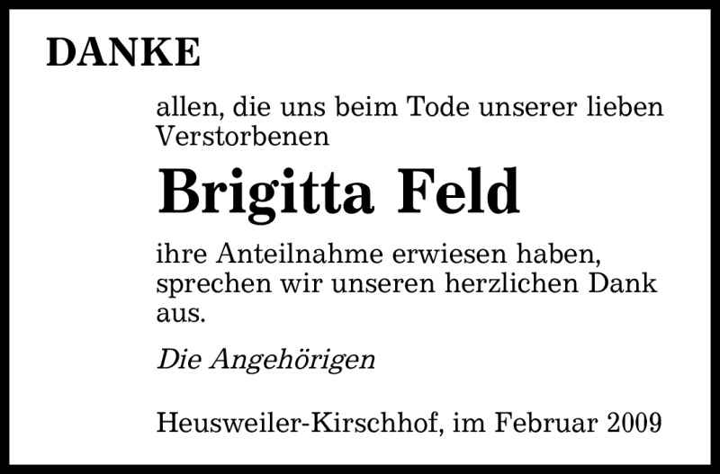  Traueranzeige für Brigitta Feld vom 04.02.2009 aus SAARBRÜCKER ZEITUNG