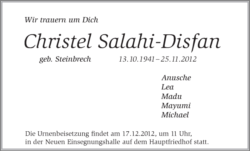 Traueranzeige für Christel Salahi-Disfan vom 12.12.2012 aus saarbruecker_zeitung