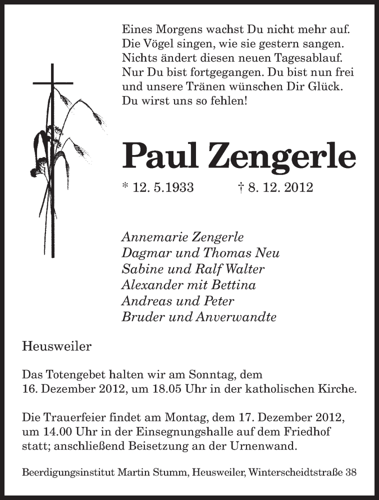  Traueranzeige für Paul Zengerle vom 13.12.2012 aus saarbruecker_zeitung