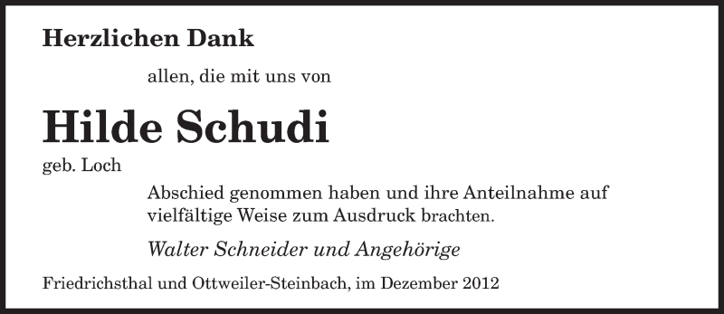  Traueranzeige für Hilde Schudi vom 15.12.2012 aus saarbruecker_zeitung