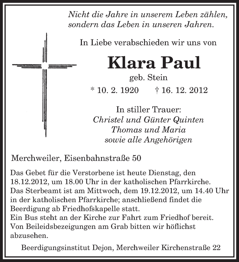  Traueranzeige für Klara Paul vom 18.12.2012 aus saarbruecker_zeitung