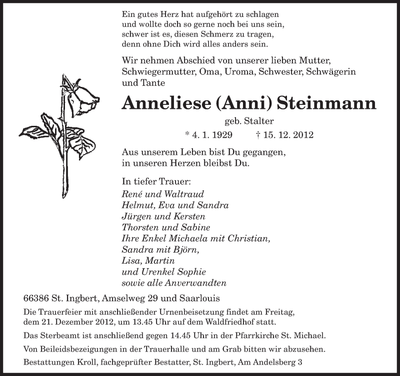  Traueranzeige für Anneliese (Anni) Steinmann vom 19.12.2012 aus saarbruecker_zeitung