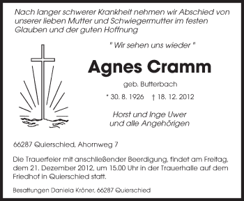 Traueranzeige von Agnes Cramm von saarbruecker_zeitung