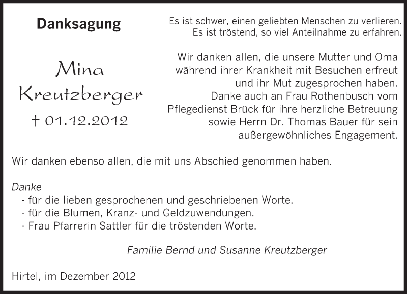  Traueranzeige für Mina Kreutzberger vom 22.12.2012 aus saarbruecker_zeitung