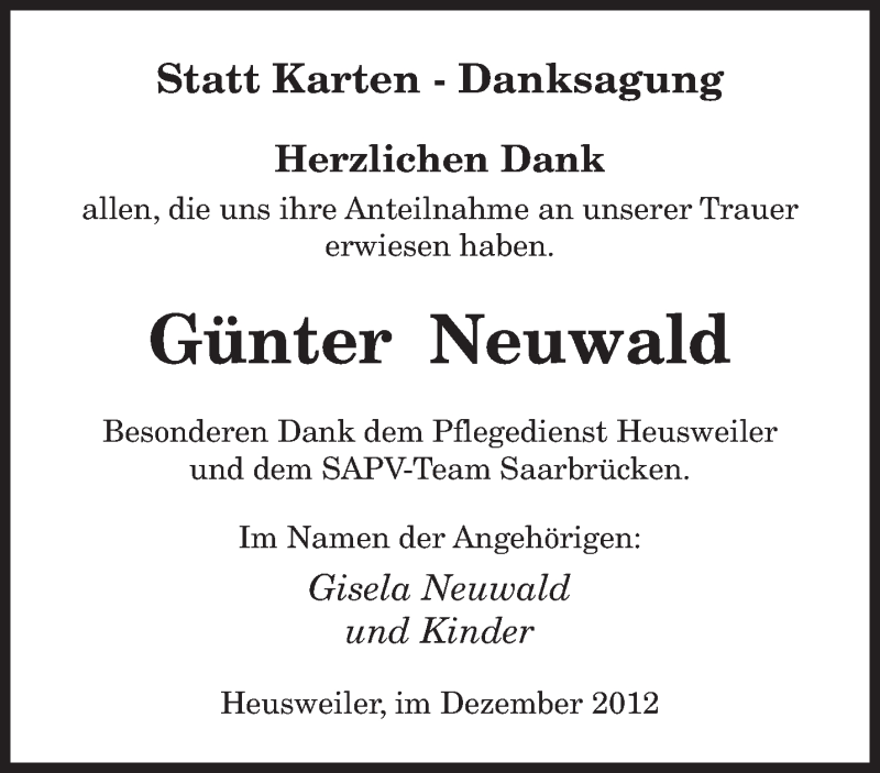  Traueranzeige für Günter Neuwald vom 27.12.2012 aus saarbruecker_zeitung