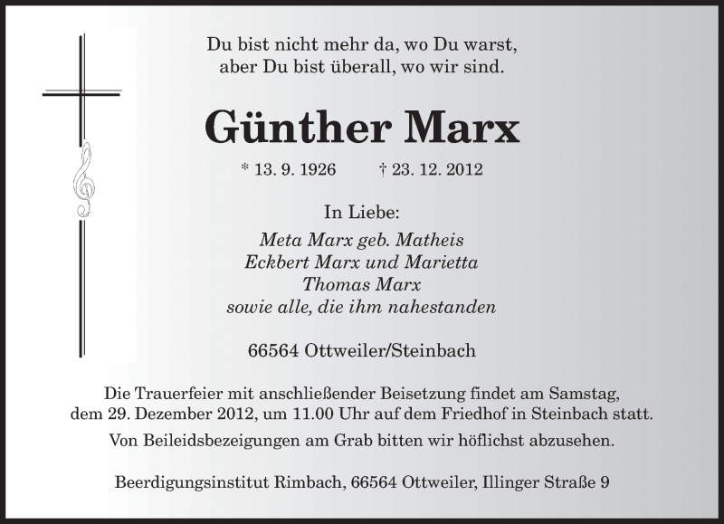  Traueranzeige für Günther Marx vom 27.12.2012 aus saarbruecker_zeitung