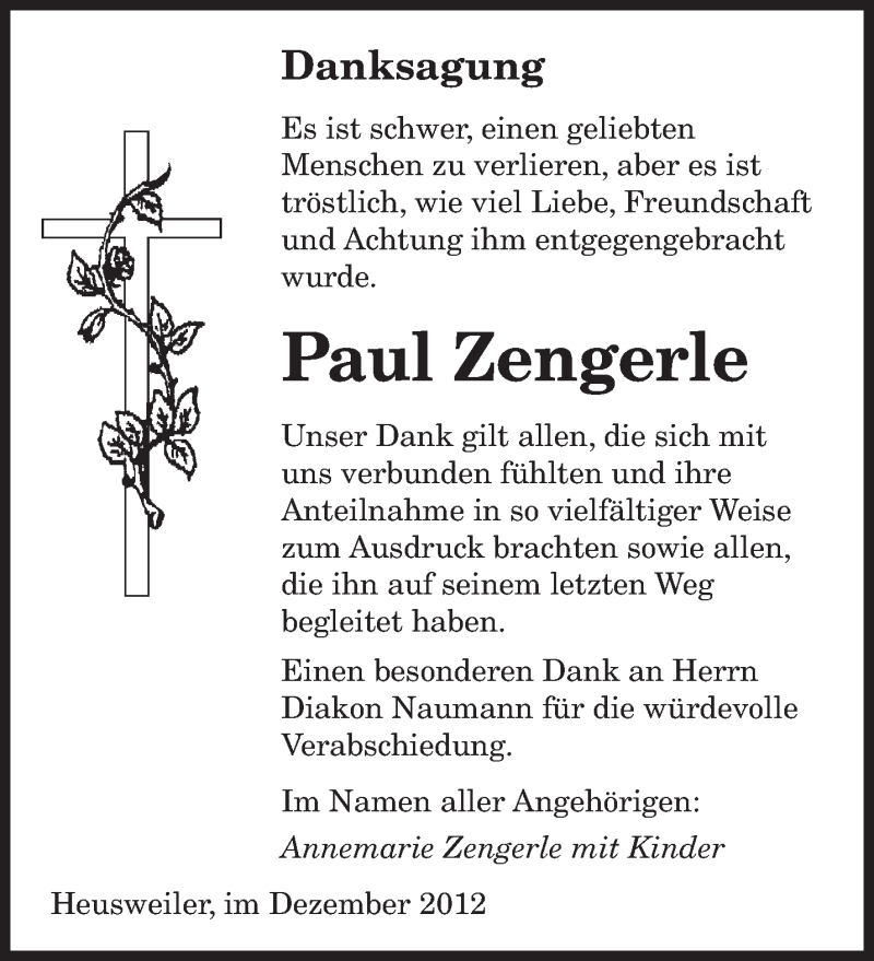 Traueranzeige für Paul Zengerle vom 29.12.2012 aus saarbruecker_zeitung