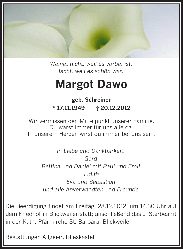  Traueranzeige für Margot Dawo vom 24.12.2012 aus saarbruecker_zeitung