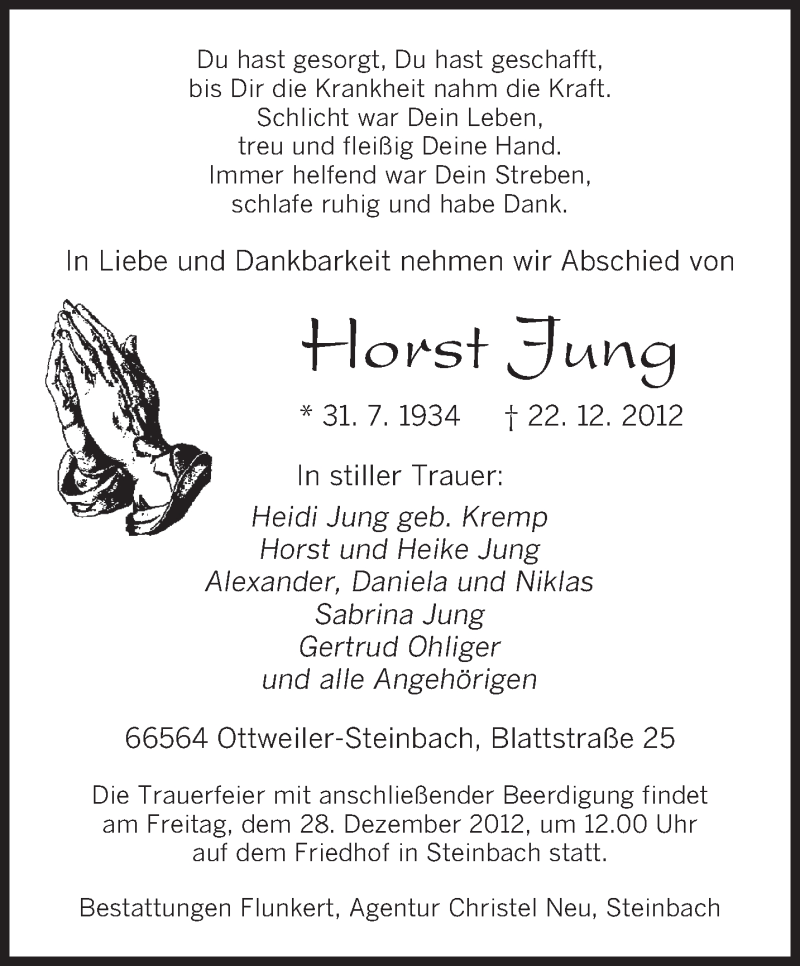  Traueranzeige für Horst Jung vom 27.12.2012 aus saarbruecker_zeitung