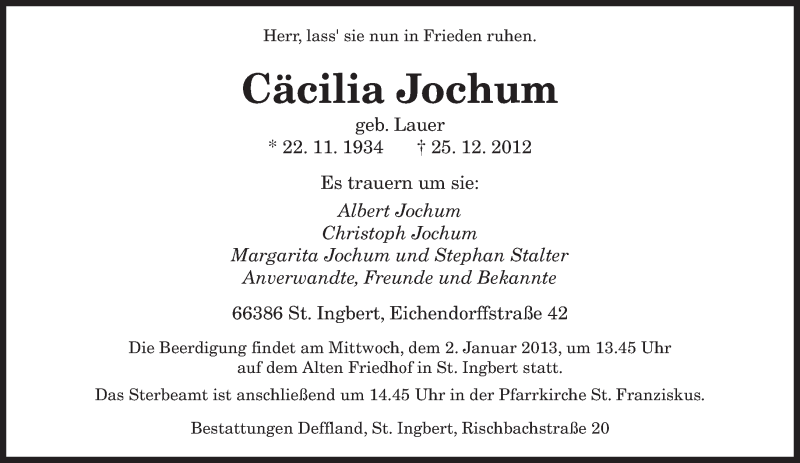  Traueranzeige für Cäcilia Jochum vom 29.12.2012 aus saarbruecker_zeitung