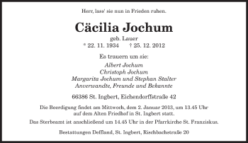 Traueranzeige von Cäcilia Jochum von saarbruecker_zeitung