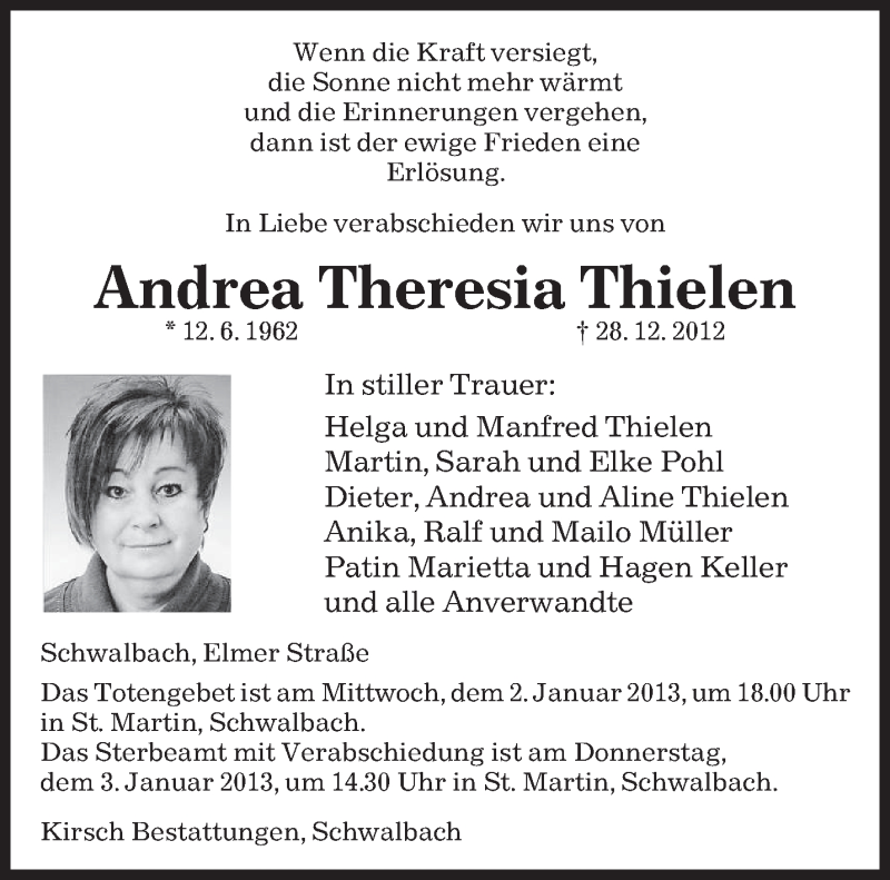  Traueranzeige für Andrea Theresia Thielen vom 31.12.2012 aus saarbruecker_zeitung