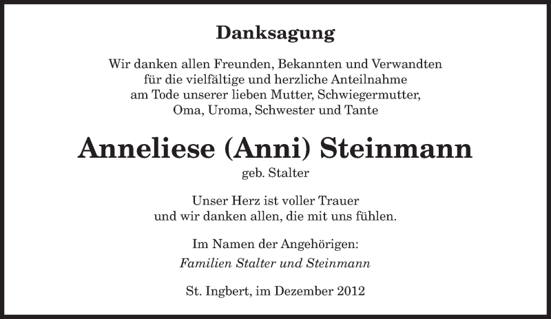  Traueranzeige für Anneliese Steinmann vom 31.12.2012 aus saarbruecker_zeitung