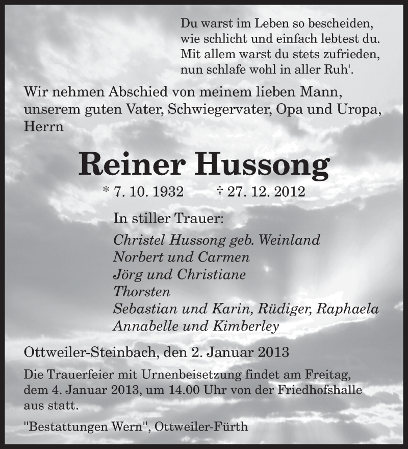  Traueranzeige für Reiner Hussong vom 02.01.2013 aus saarbruecker_zeitung