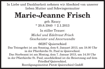 Traueranzeige von Marie-Jeanne Frisch von saarbruecker_zeitung