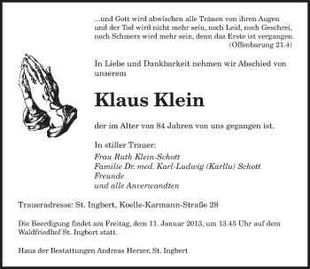 Traueranzeige von Klaus Klein von saarbruecker_zeitung