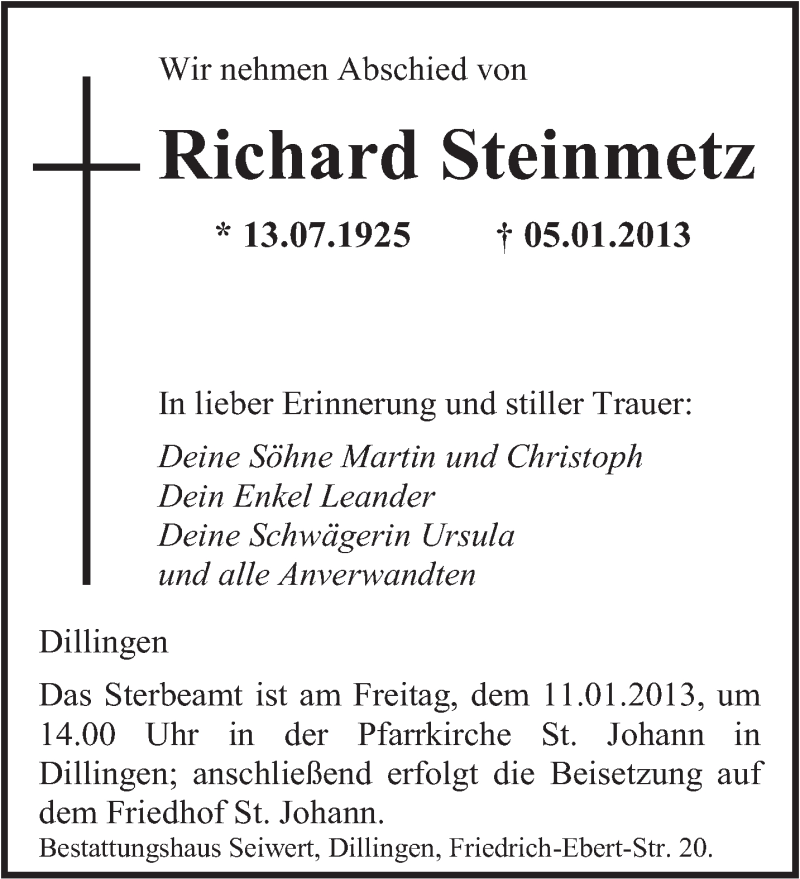  Traueranzeige für Richard Steinmetz vom 09.01.2013 aus saarbruecker_zeitung