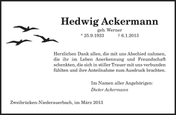 Traueranzeige von Hedwig Ackermann von saarbruecker_zeitung