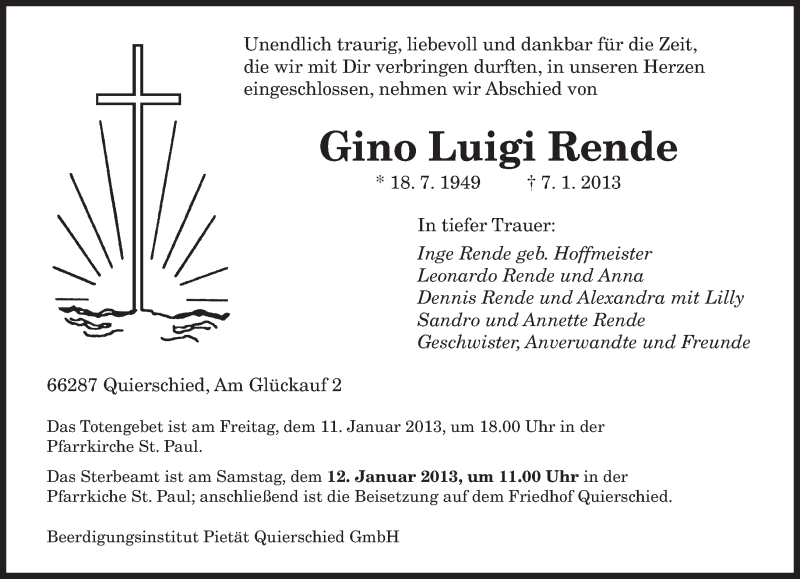  Traueranzeige für Gino Luigi Rende vom 09.01.2013 aus saarbruecker_zeitung