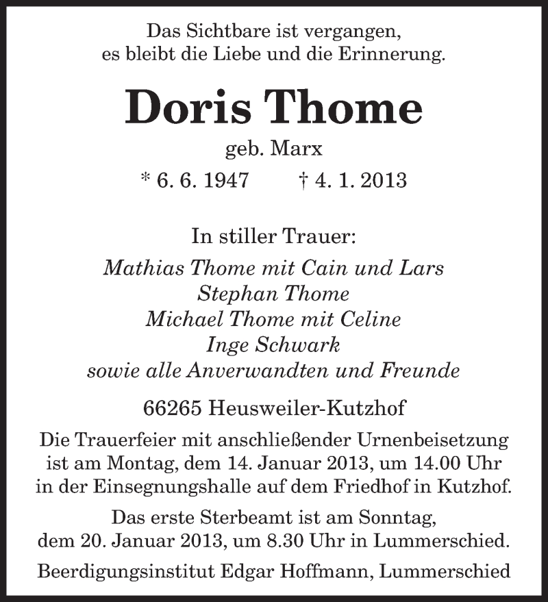  Traueranzeige für Doris Thome vom 11.01.2013 aus saarbruecker_zeitung