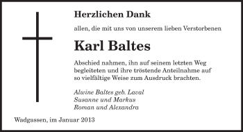 Traueranzeige von Karl Baltes von saarbruecker_zeitung