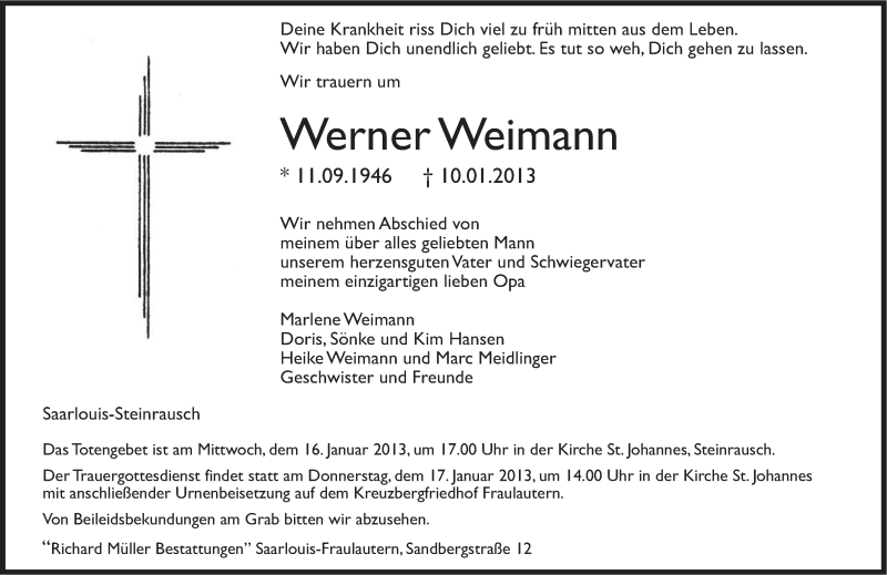  Traueranzeige für Werner Weimann vom 14.01.2013 aus saarbruecker_zeitung