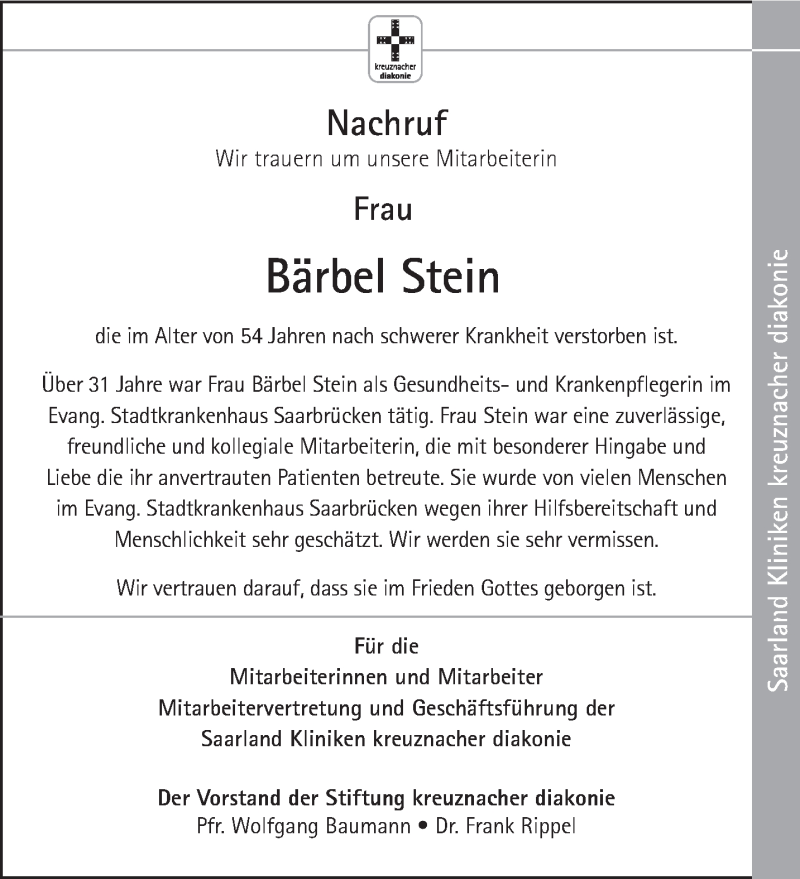  Traueranzeige für Bärbel Stein vom 19.01.2013 aus saarbruecker_zeitung