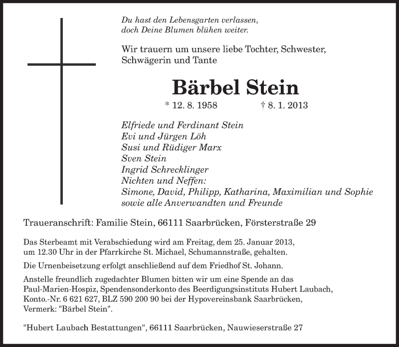  Traueranzeige für Bärbel Stein vom 18.01.2013 aus saarbruecker_zeitung