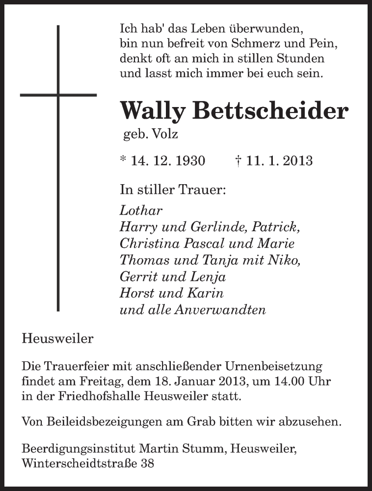  Traueranzeige für Wally Bettscheider vom 16.01.2013 aus saarbruecker_zeitung