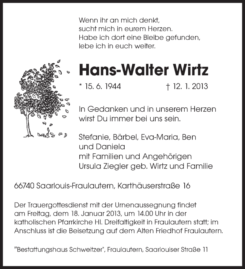  Traueranzeige für Hans-Walter Wirtz vom 16.01.2013 aus saarbruecker_zeitung