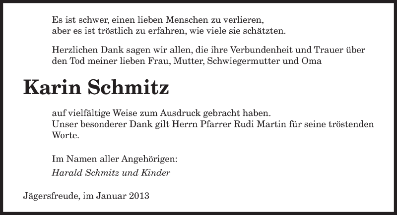  Traueranzeige für Karin Schmitz vom 16.01.2013 aus saarbruecker_zeitung