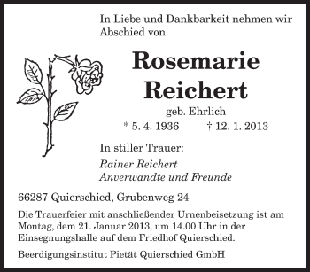 Traueranzeige von Rosemarie Reichert von saarbruecker_zeitung