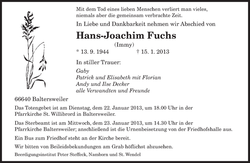  Traueranzeige für Hans Joachim Fuchs vom 19.01.2013 aus saarbruecker_zeitung