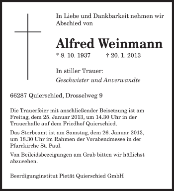 Traueranzeige von Alfred Weinmann von saarbruecker_zeitung