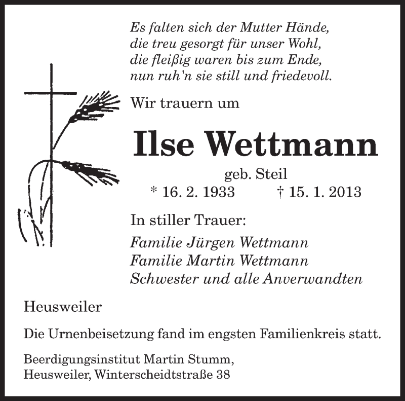  Traueranzeige für Ilse Wettmann vom 26.01.2013 aus saarbruecker_zeitung